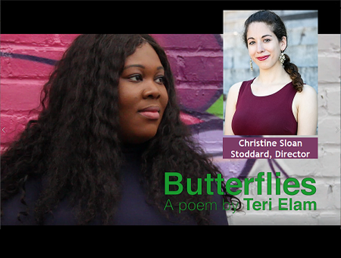 Butterflies poetry film still with a photo of director Christine Sloan Stoddard